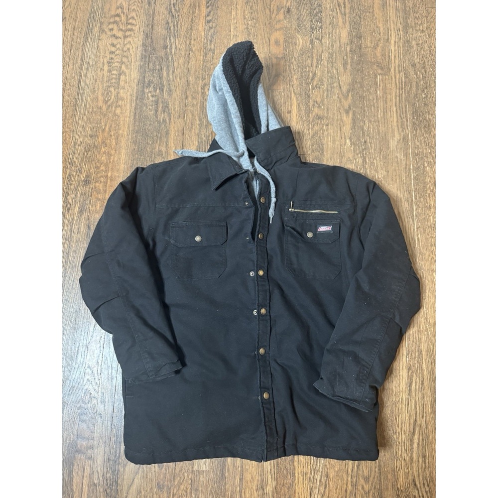 Genuine Dickies Mens Canvas Shirt Jacket Hooded Sherpa Lined Black Size Large